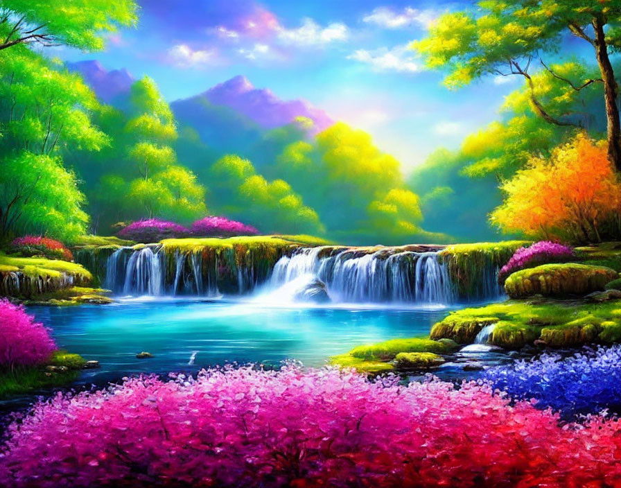 Colorful digital painting of serene waterfall and lush foliage