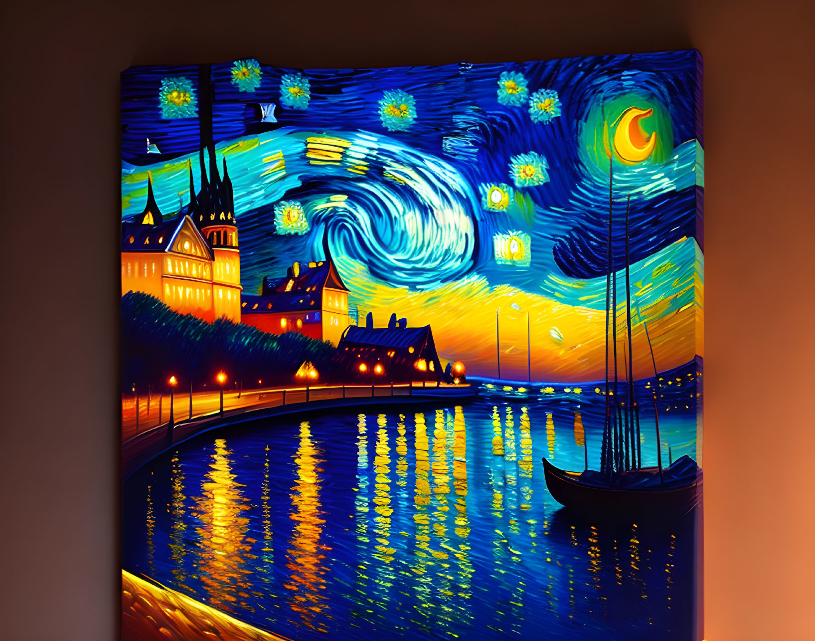 Colorful painting of swirling night sky over river and town with boat