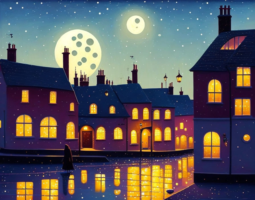 Whimsical starry night illustration with colorful houses, moon, and reflection