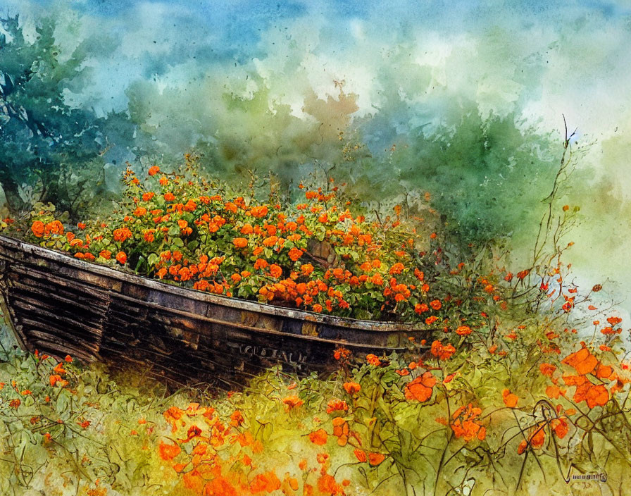 Wooden boat filled with orange flowers in misty forest watercolor.