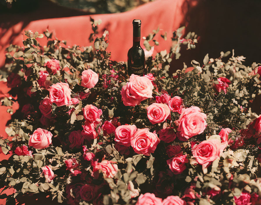Wine bottle surrounded by pink roses in warm light