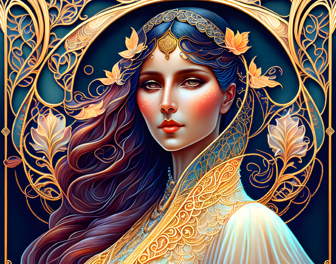 Illustrated portrait of woman with gold leaf headdress on ornate blue background