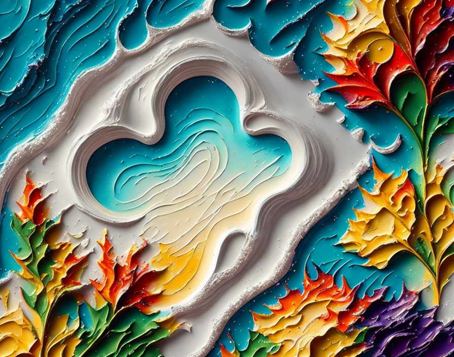 Colorful Heart Shape Painting with Swirling Patterns in Blue and White