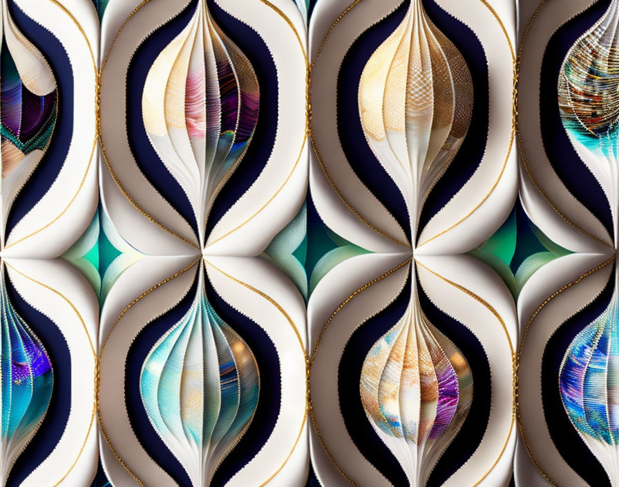 Symmetrical Abstract Pattern with White, Gold, and Multicolored Leaf Shapes
