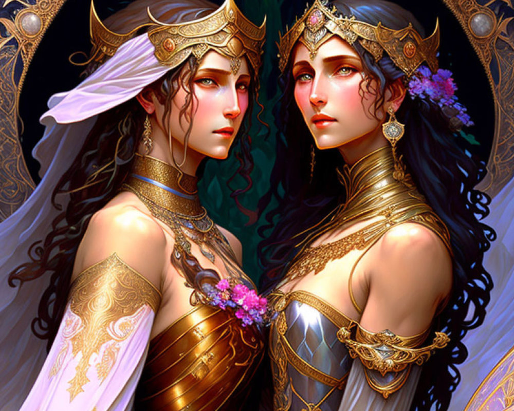 Regal Female Figures with Golden Crowns and Ethereal Background