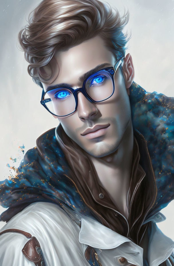 Man with Blue Eyes in Cosmic-Themed Digital Art