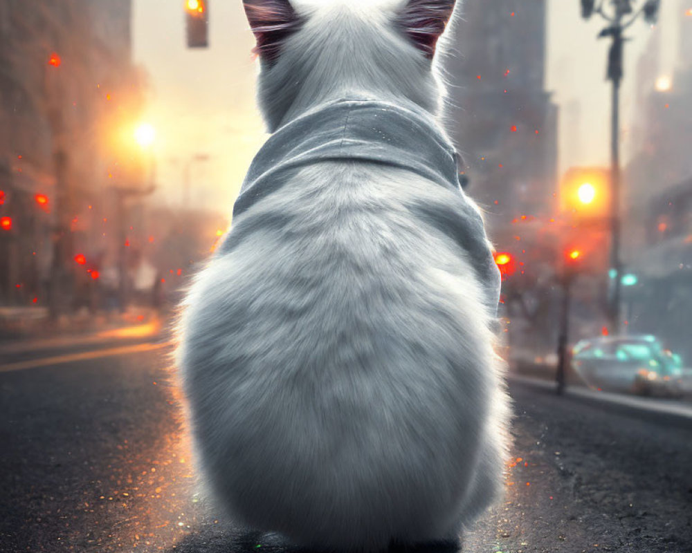 White Cat in Scarf on City Street at Dusk with Glowing Lights