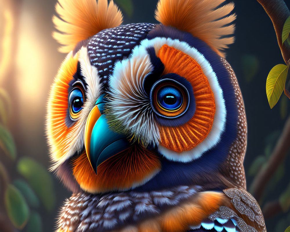 Colorful Stylized Owl Artwork with Feather Patterns on Branch