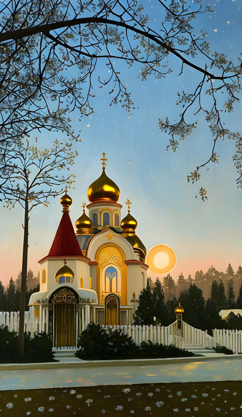 Ornate church with golden domes in twilight setting.