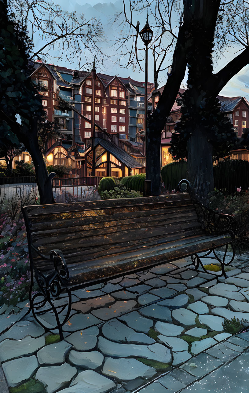 Twilight park bench with cobblestone path and streetlamp