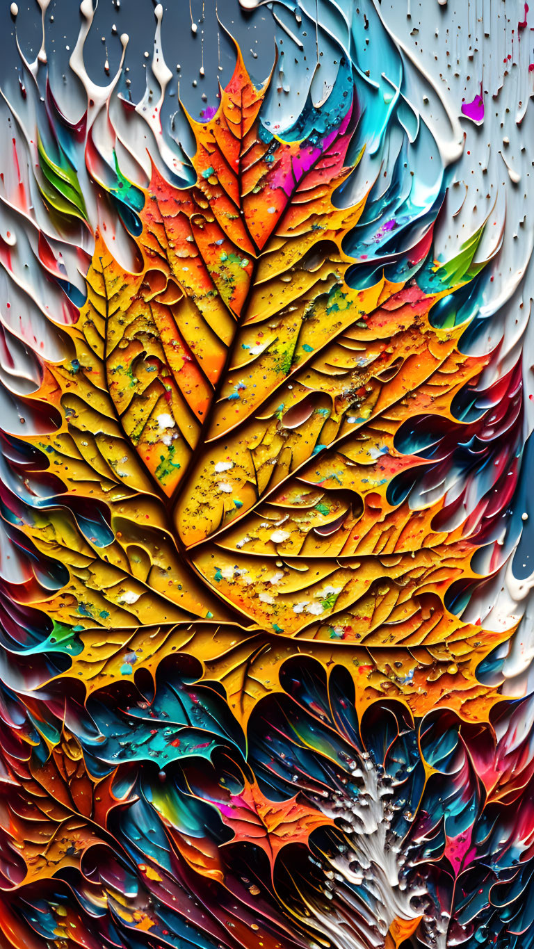 Colorful Leaf-Inspired Artwork with Vibrant Patterns and Paint Splashes