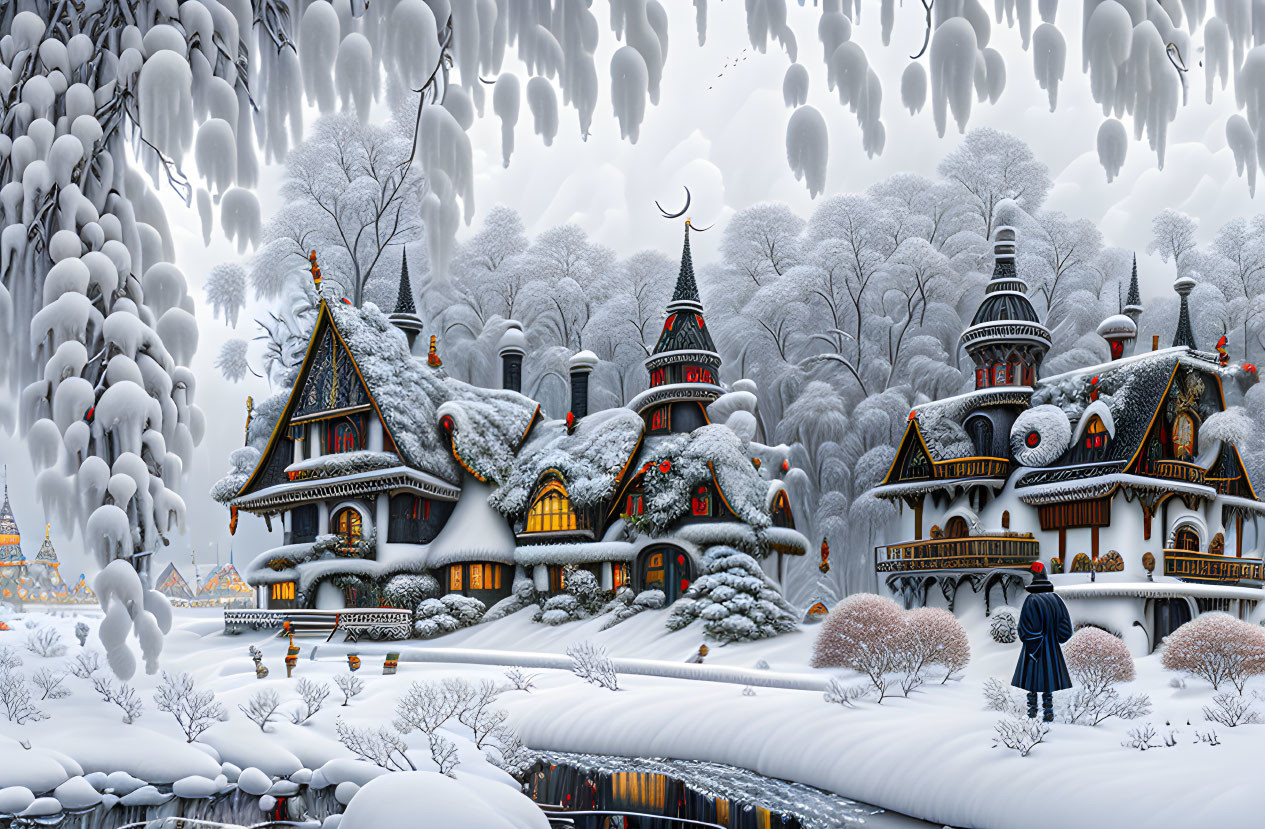 Snow-covered winter village scene with frozen river and snow-laden trees