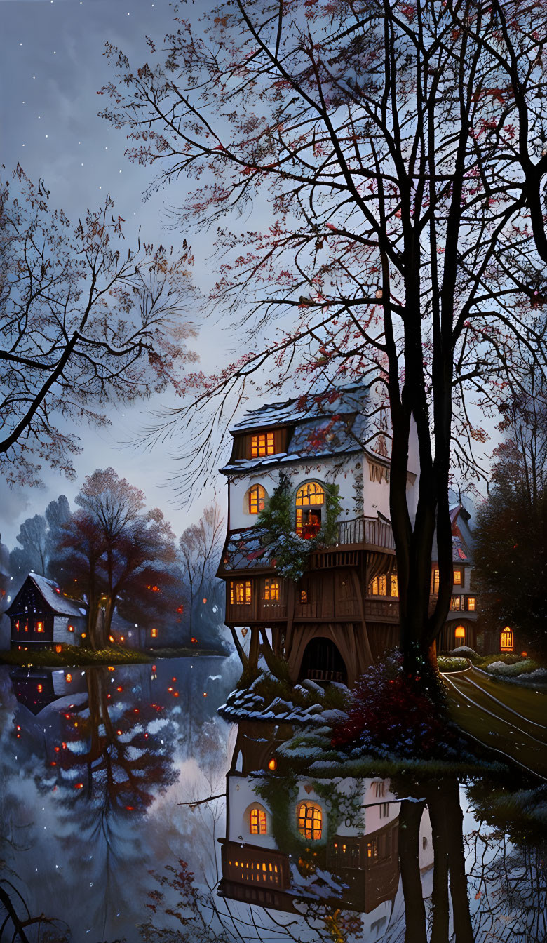 Tranquil twilight scene of a warmly lit house by a pond