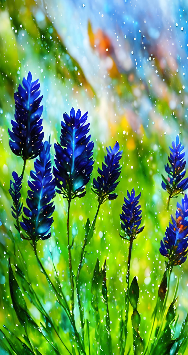 Blue flowers and colorful splashes in dreamy landscape.