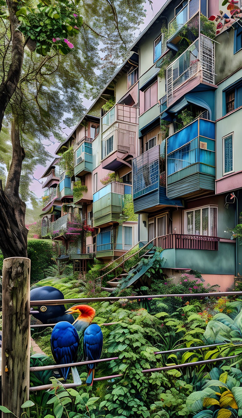 Vibrant apartment building with balconies, lush greenery, and parrots.