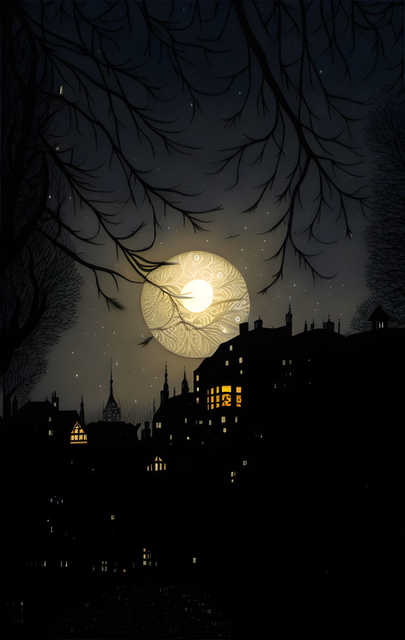 Night cityscape with moon, illuminated windows, and tree branches.