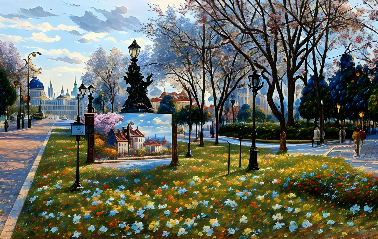 Vibrant autumn park with blooming flowers, leafy trees, lamppost, and classic