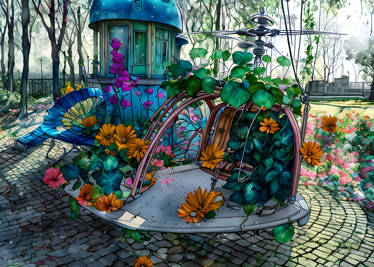 Colorful Gazebo with Flowers in Quaint Garden