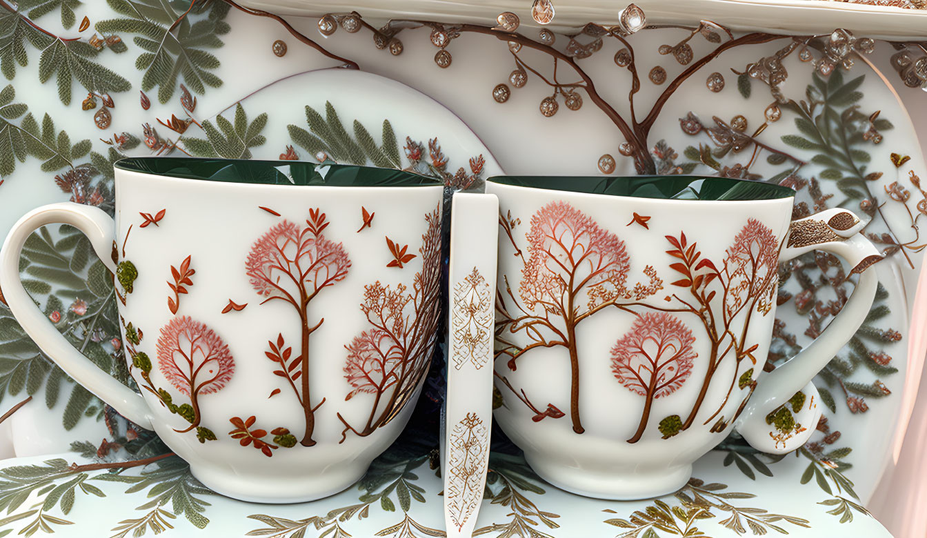 Ornate cups with tree and bird designs on floral tray with metallic details