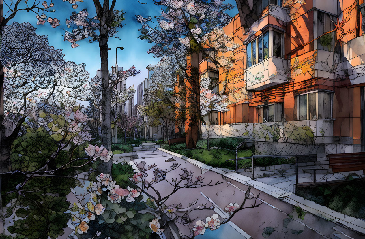 Scenic cherry blossom street with orange buildings at sunset