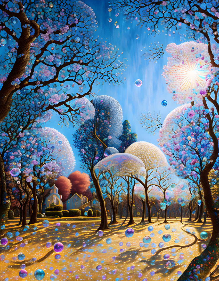 Fantasy landscape with glowing trees, iridescent bubbles, and radiant sun