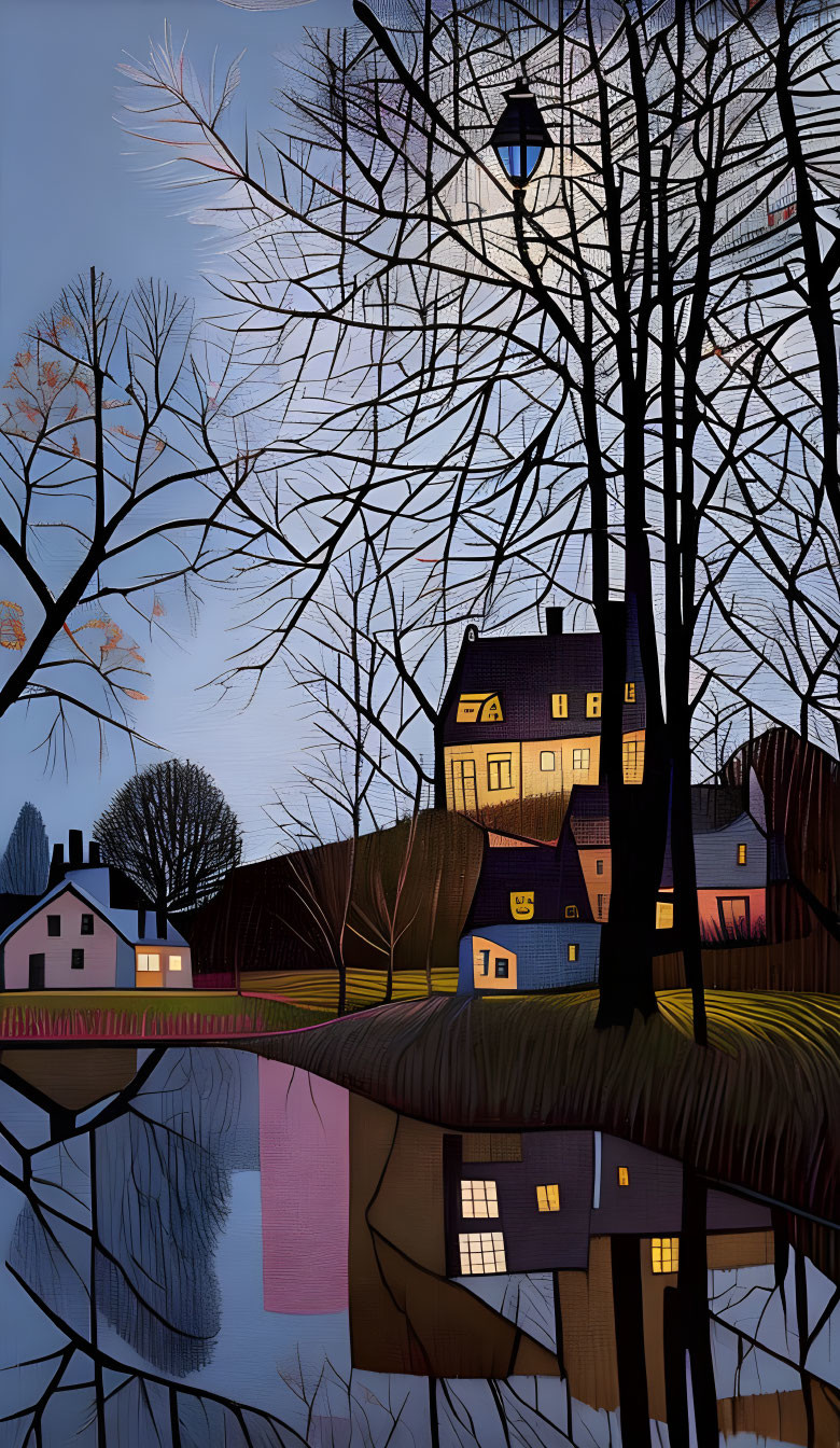 Tranquil lake scene with quaint houses and streetlamp at twilight