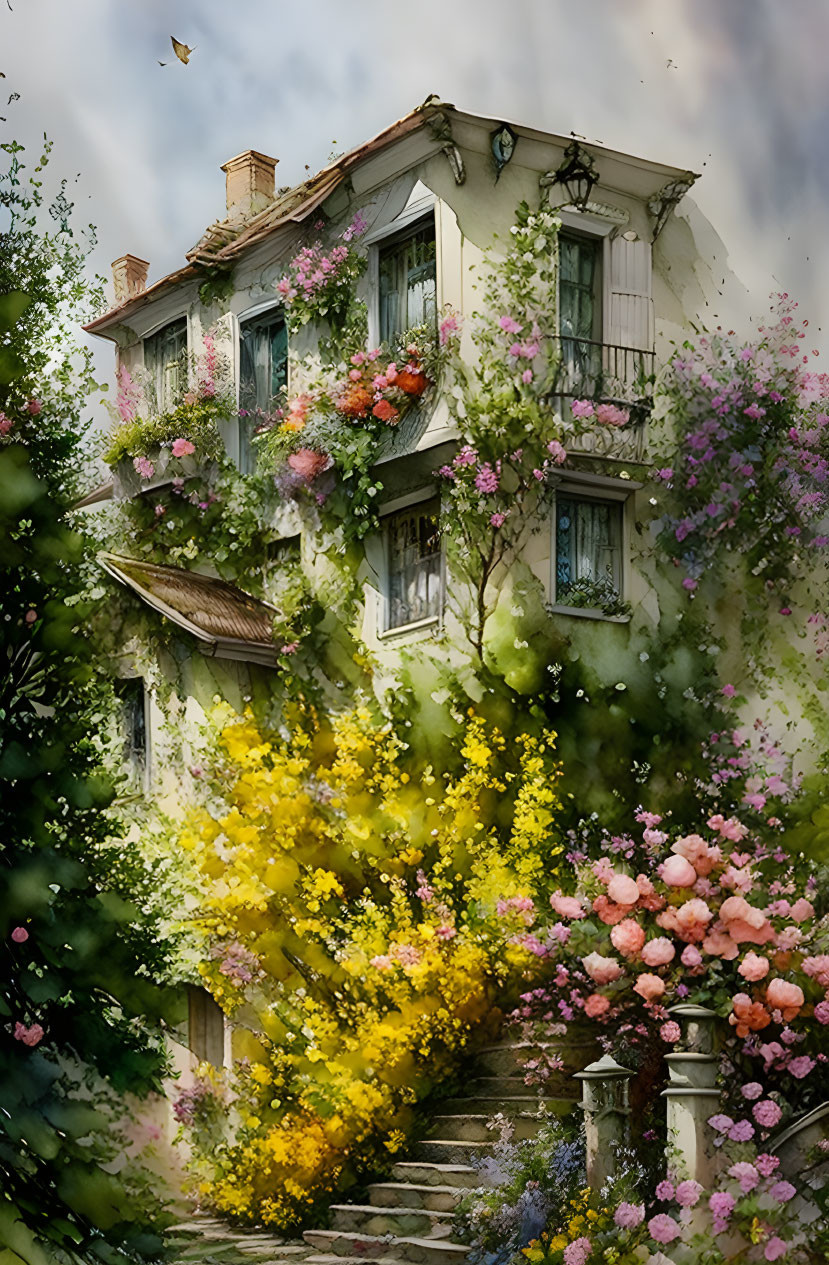 Old house with stone staircase and vibrant flowers under overcast sky