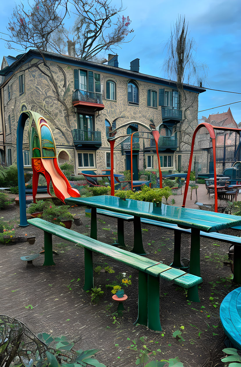 Green and Red Slide Next to Patterned House in Urban Playground