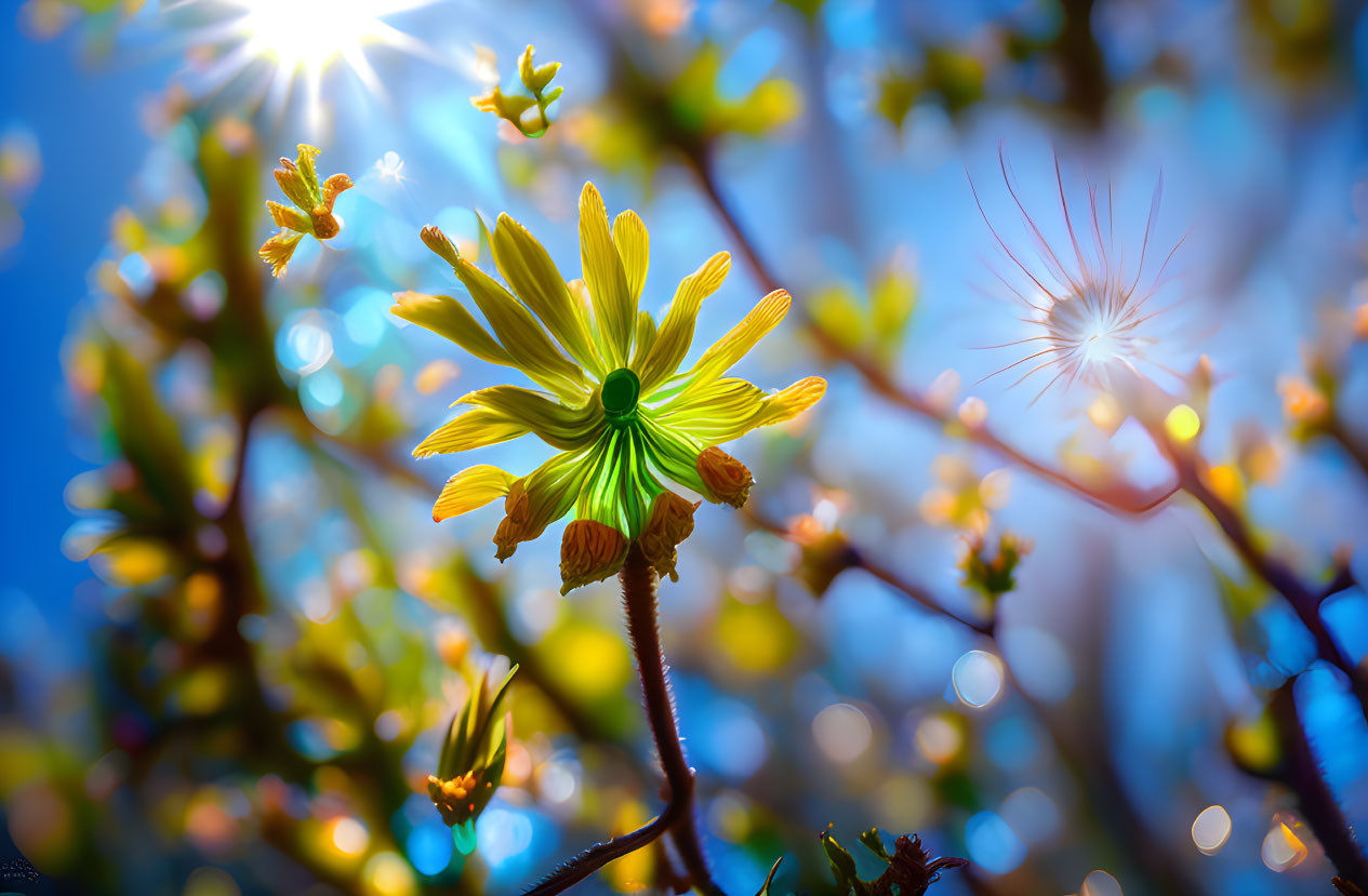 Bright Yellow Flower in Sunlight with Blue Sky and Seed Parachutes