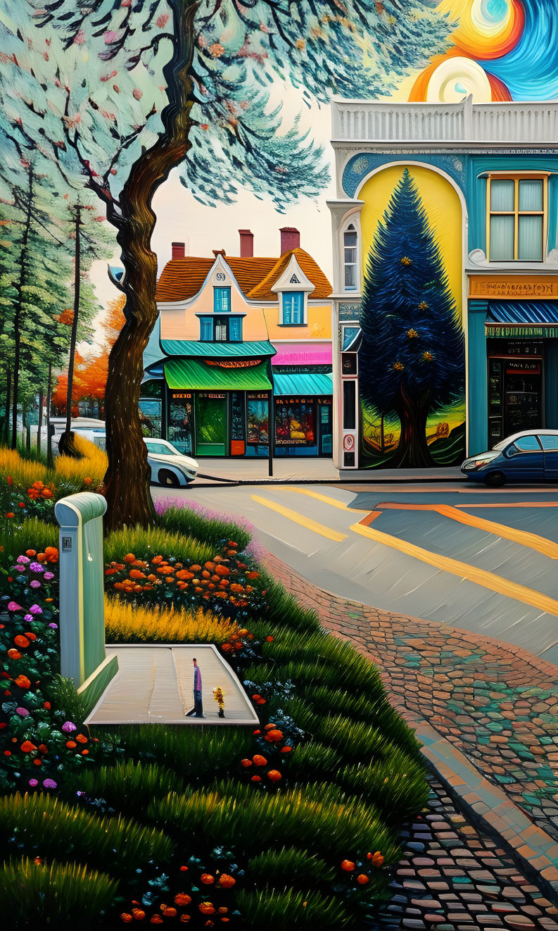 Colorful street painting with whimsical buildings and lush tree-lined sidewalk