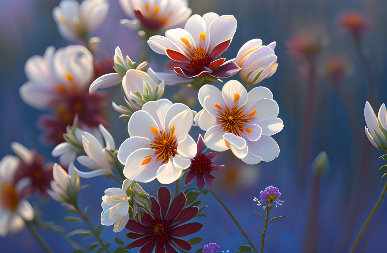 White and Orange Flowers with Purple and Blue Background