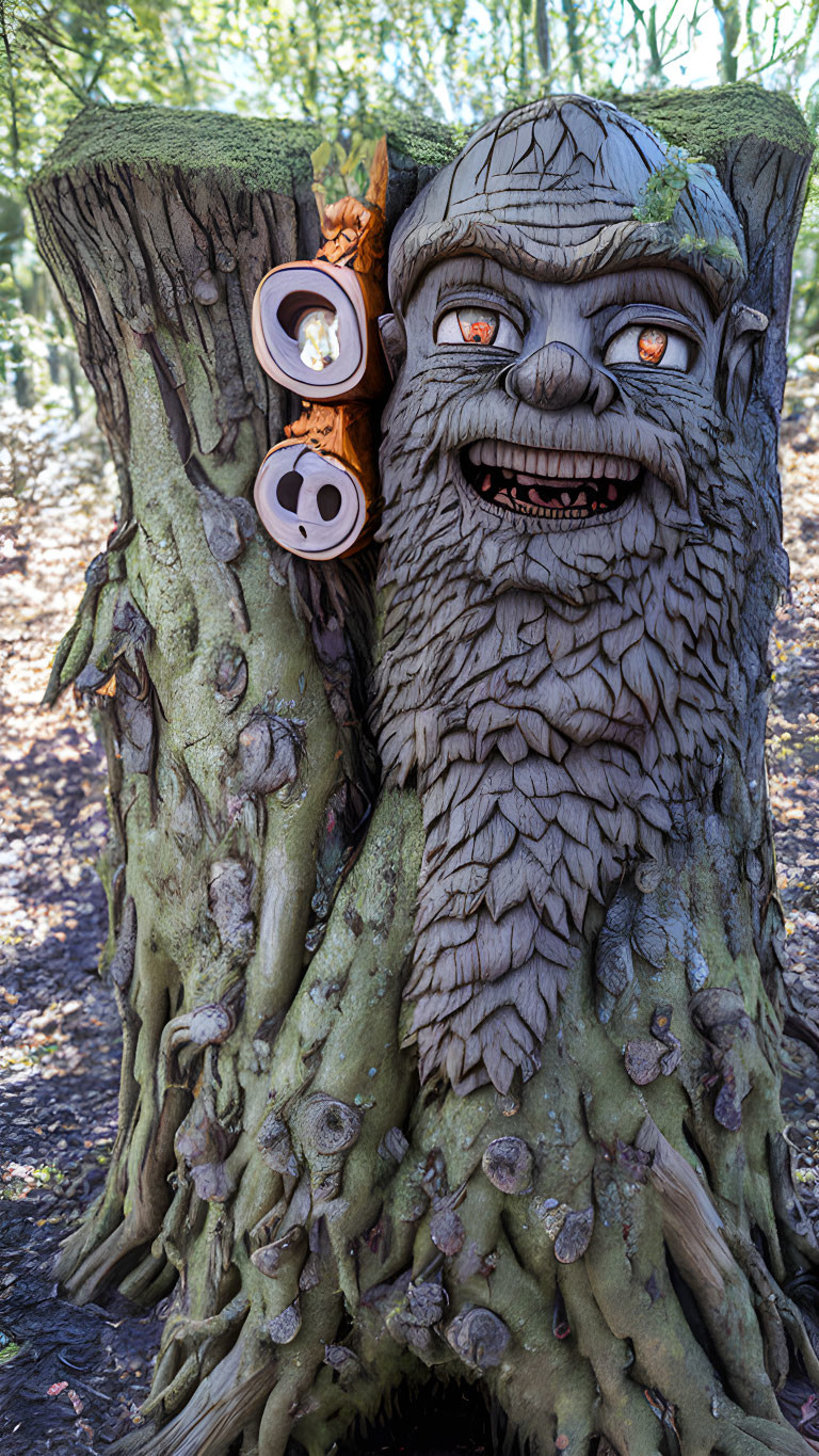 Whimsical tree sculpture with face and speakers in natural forest setting