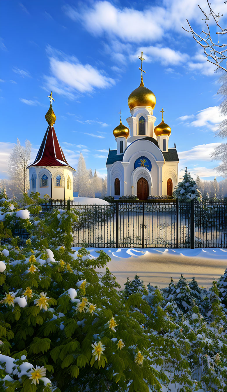 Snow-covered landscape with church, golden domes, red-roofed belfry, metal fence