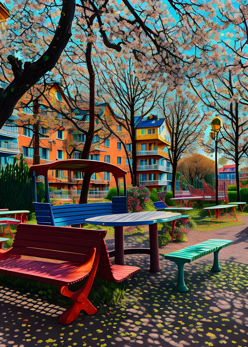 Colorful park scene with blooming cherry trees and benches on a sunny day