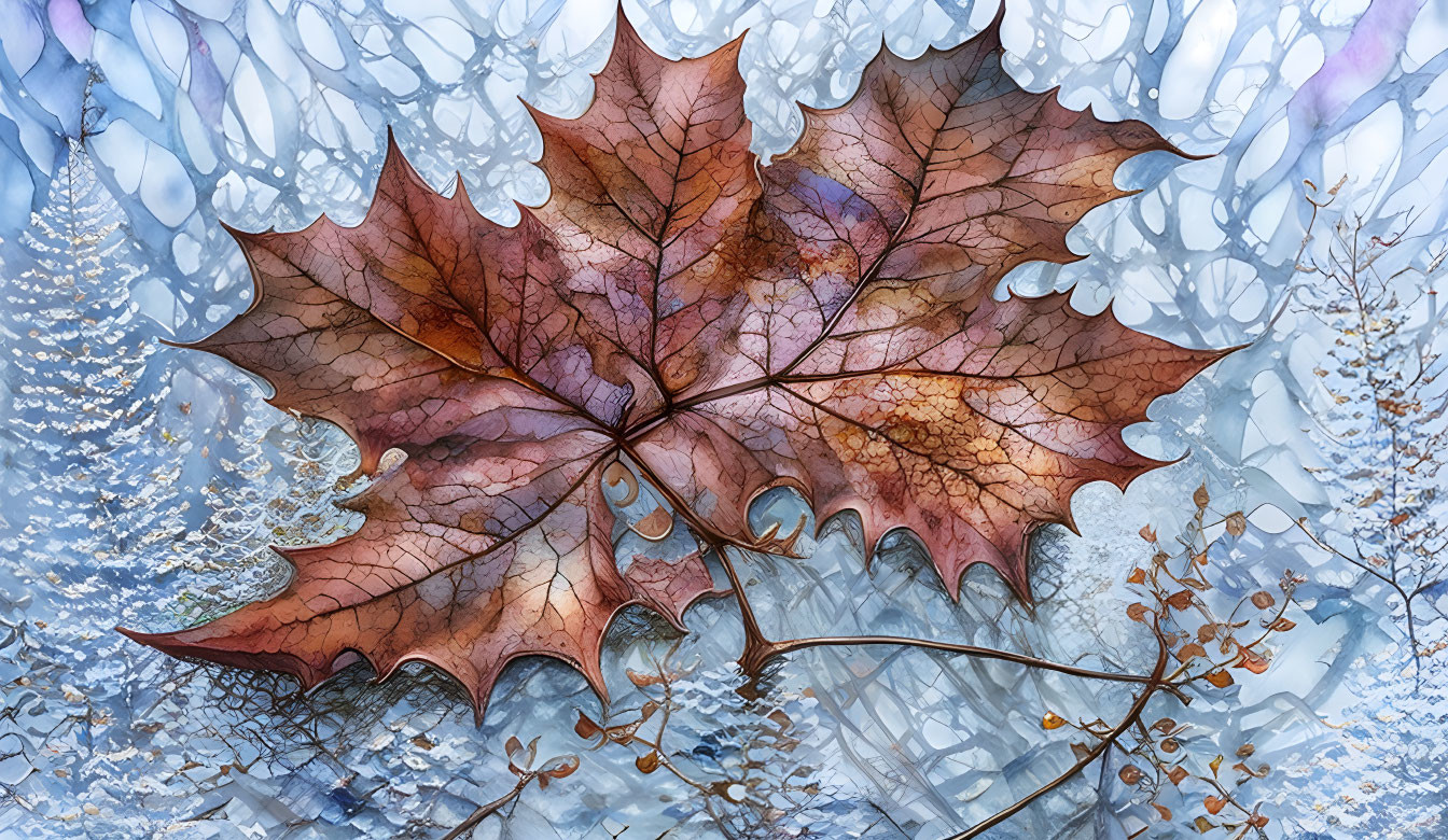 Detailed Brown Maple Leaf on Translucent Icy Surface