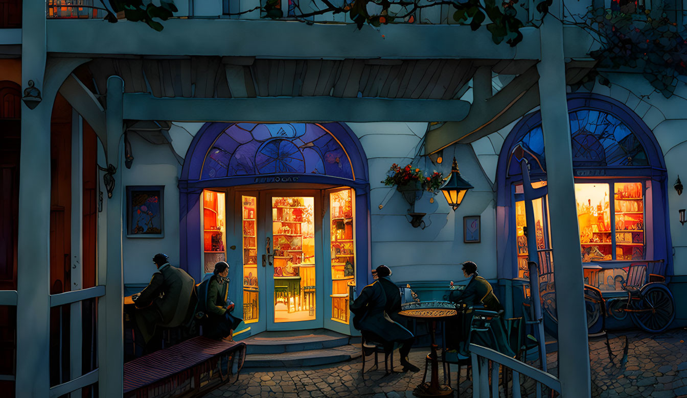 Warmly Lit Bookstore Café with Vine-Laden Trellis & Street Lamps