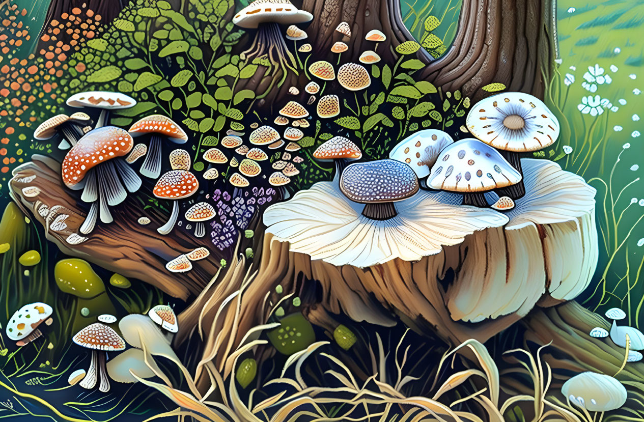 Colorful Mushroom Illustration on Tree Stumps and Forest Floor