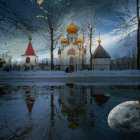 Snow-covered Orthodox church with golden domes on serene winter night reflected in puddle