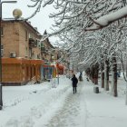 Snowy Street Scene with Person Walking on Cloudy Day