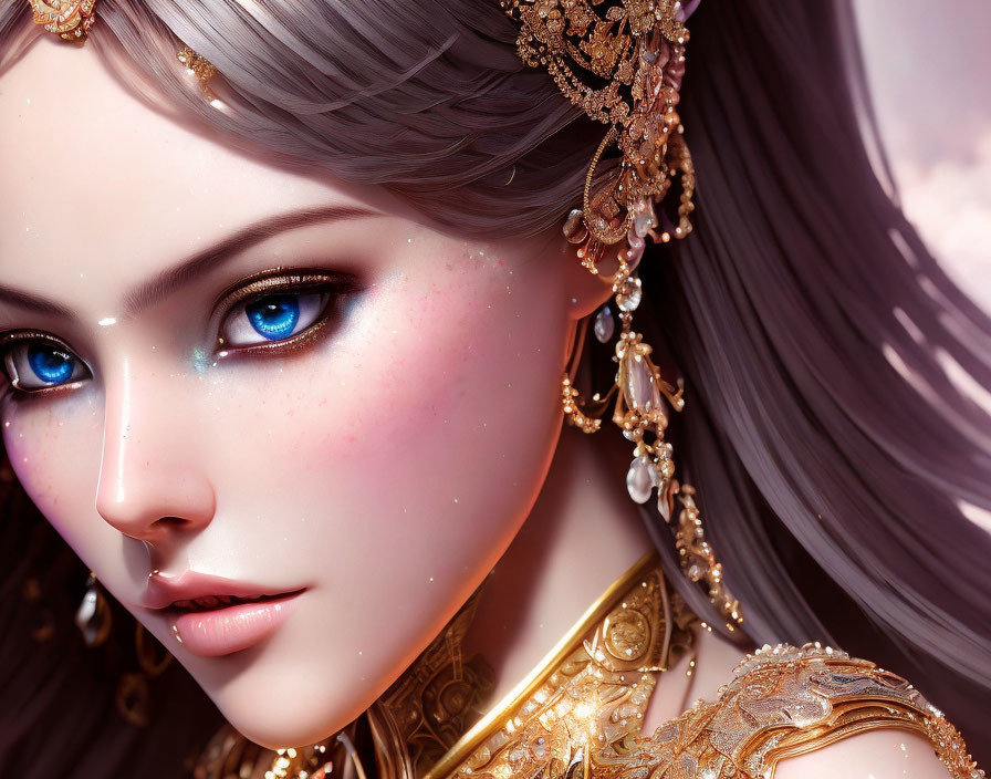 Digital Artwork: Woman with Striking Blue Eyes and Ornate Gold Jewelry