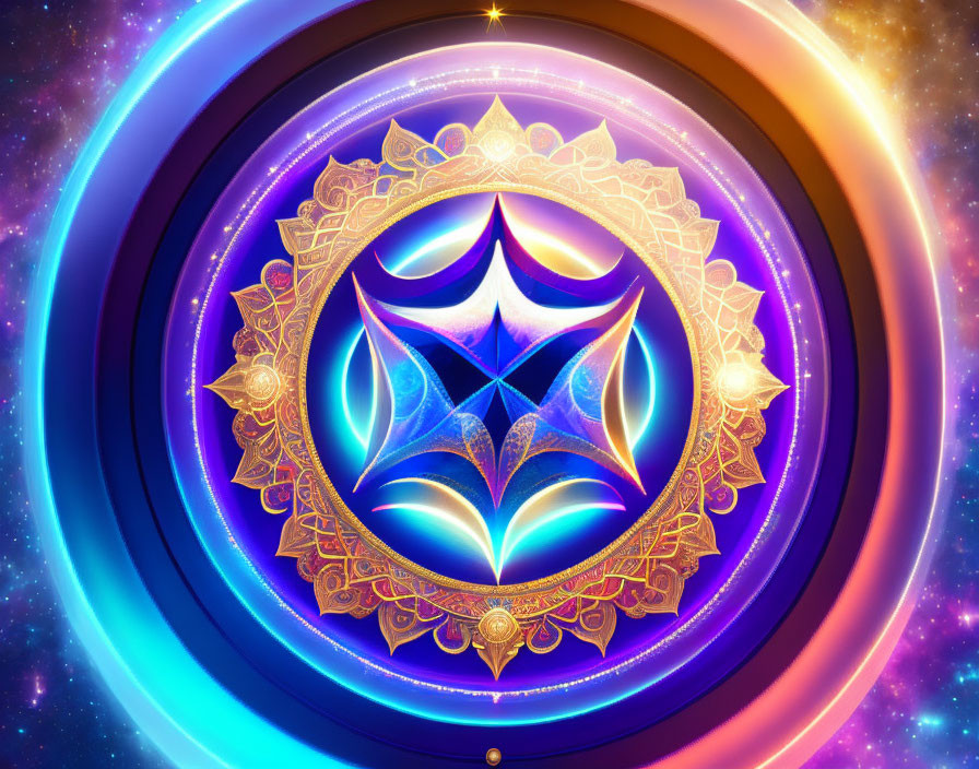 Colorful mandala with gold details on cosmic rings and starry nebula backdrop