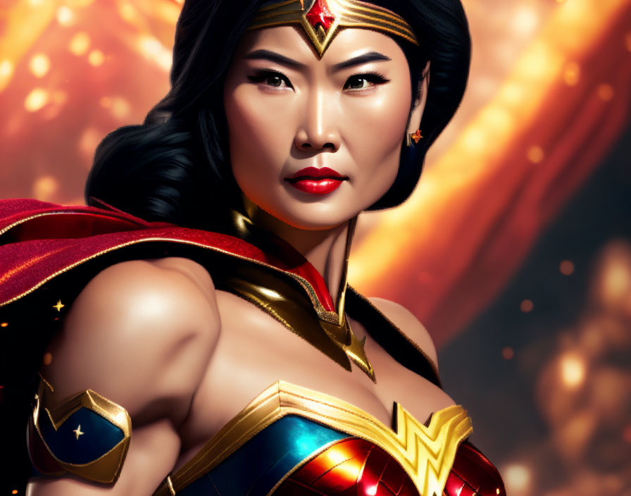 Stylized Asian Wonder Woman in Red and Gold Costume against Fiery Backdrop