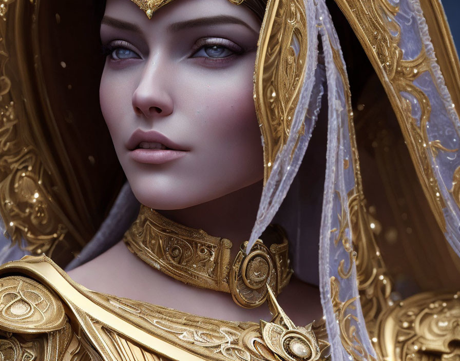 Detailed digital artwork of a woman with golden headwear, blue eyes, armor, and white veil
