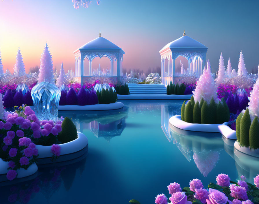 Twilight fantasy landscape with gazebos, vibrant flora, reflective water