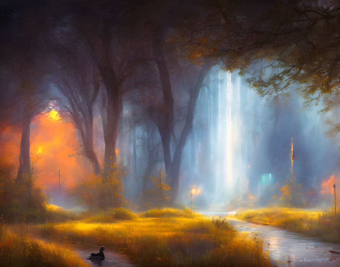 Tranquil forest scene with glowing lights, waterfall, lush trees, and duck by path