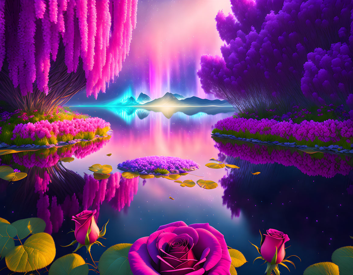 Colorful fantasy landscape with sunset, lake, purple flora, mountains & aurora