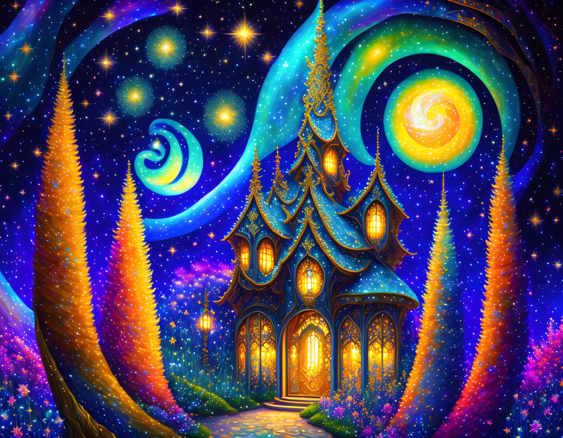 Colorful fantasy illustration: Whimsical house, glowing trees, starry sky