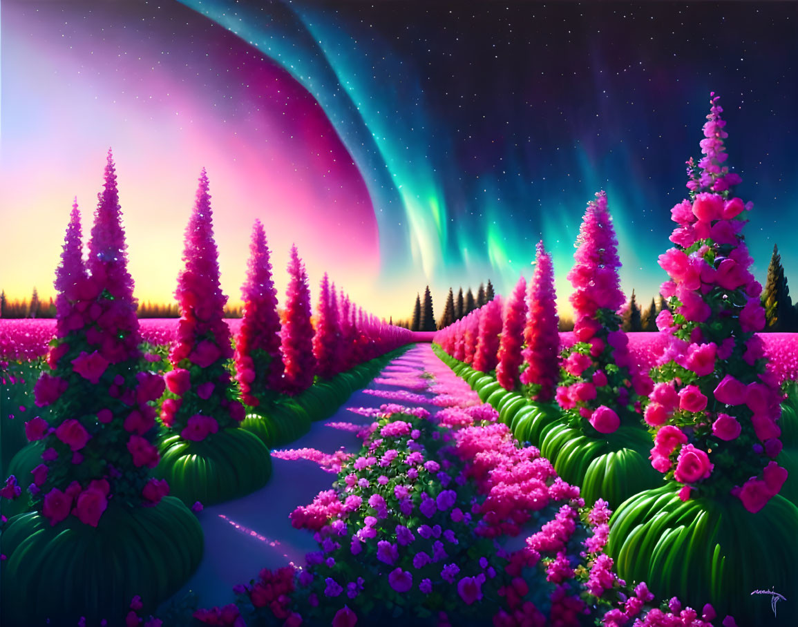 Majestic aurora borealis illuminates pink flowering trees on magical pathway
