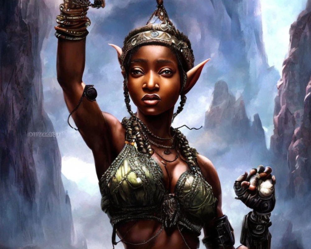 Dark-skinned fantasy character with pointed ears and intricate jewelry in mystical mountain setting
