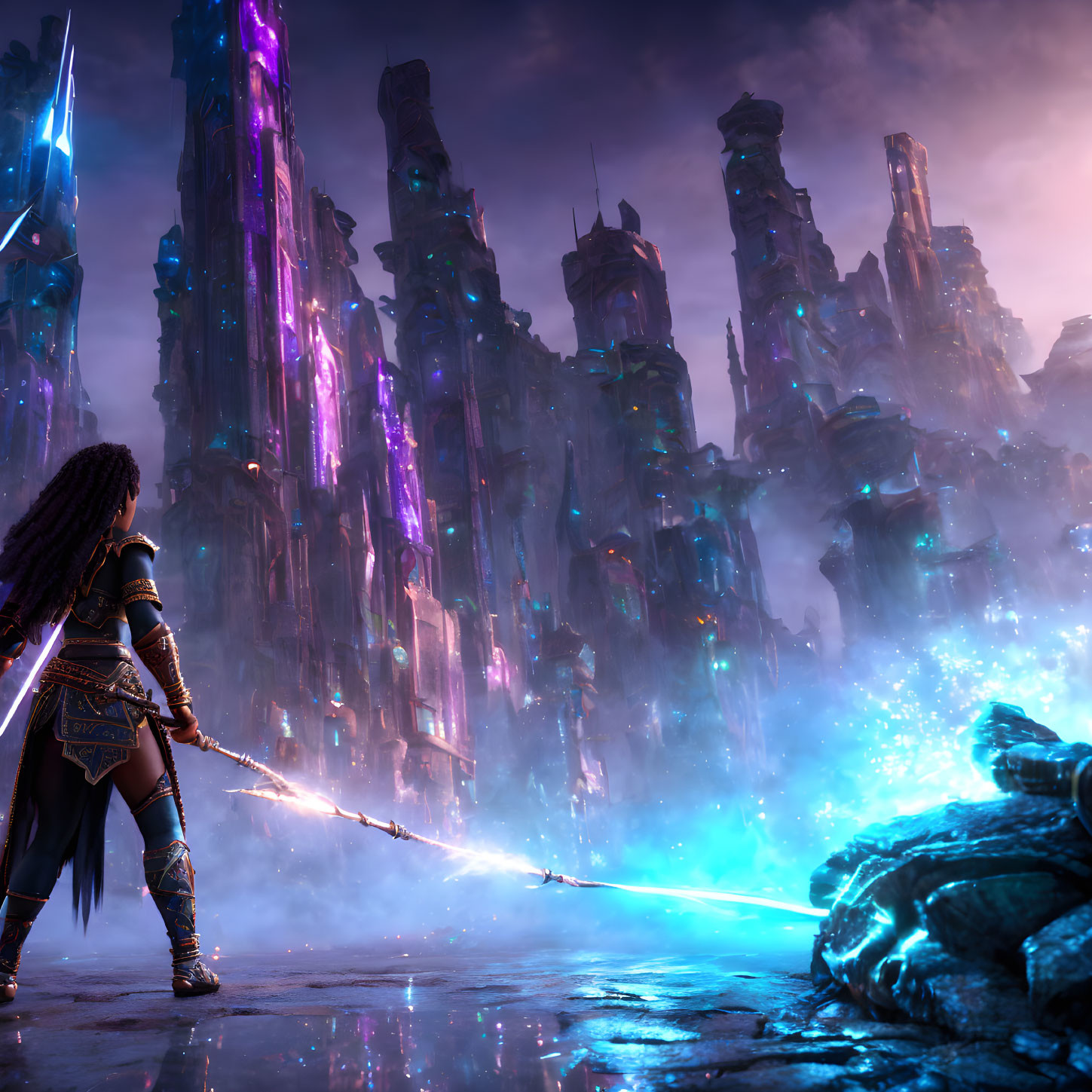 Warrior with glowing spear confronts mystical city with purple crystals.